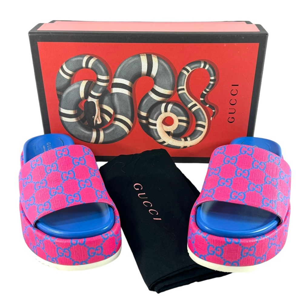 GUCCI 734913 Pink Blue Canvas GG Supreme Joy Angelina Slides 36.5 - 6.5 US